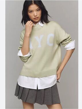 Anthropolgie Maeve lime green and white "NYC" Graphic Twofer Sweater M oversized